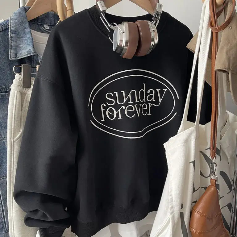 Sudadera holgada y versátil con cuello redondo simple y letras en inglés para mujer, ropa informal de moda coreana, tops y2k emo