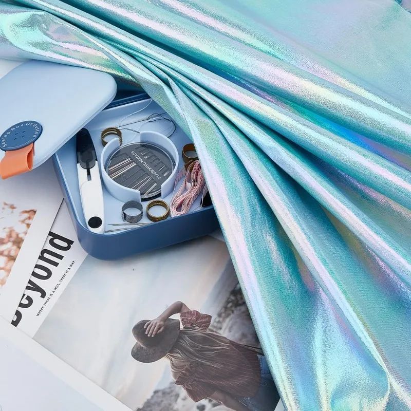 1 Yard Iridescent Fabric Shimmer Sewing Crafting Aquamarine Blue Holograhic Fabric Costume Stage Performance Fabric