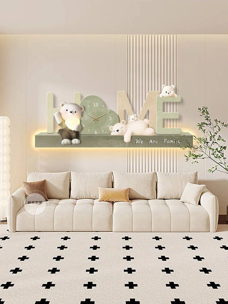 ​​Cream Style Bear Living Room Decor Painting Sofa Background Wall Art With Clock LED Light Picture Bedroom Bedhead Mural​