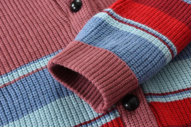 Herren Schalkragen Strickjacke Herbst Winter Farbblock Gestreifter Pullover Vintage Knopfleiste Lässige Lose Oberbekleidung Für M – Detail 18