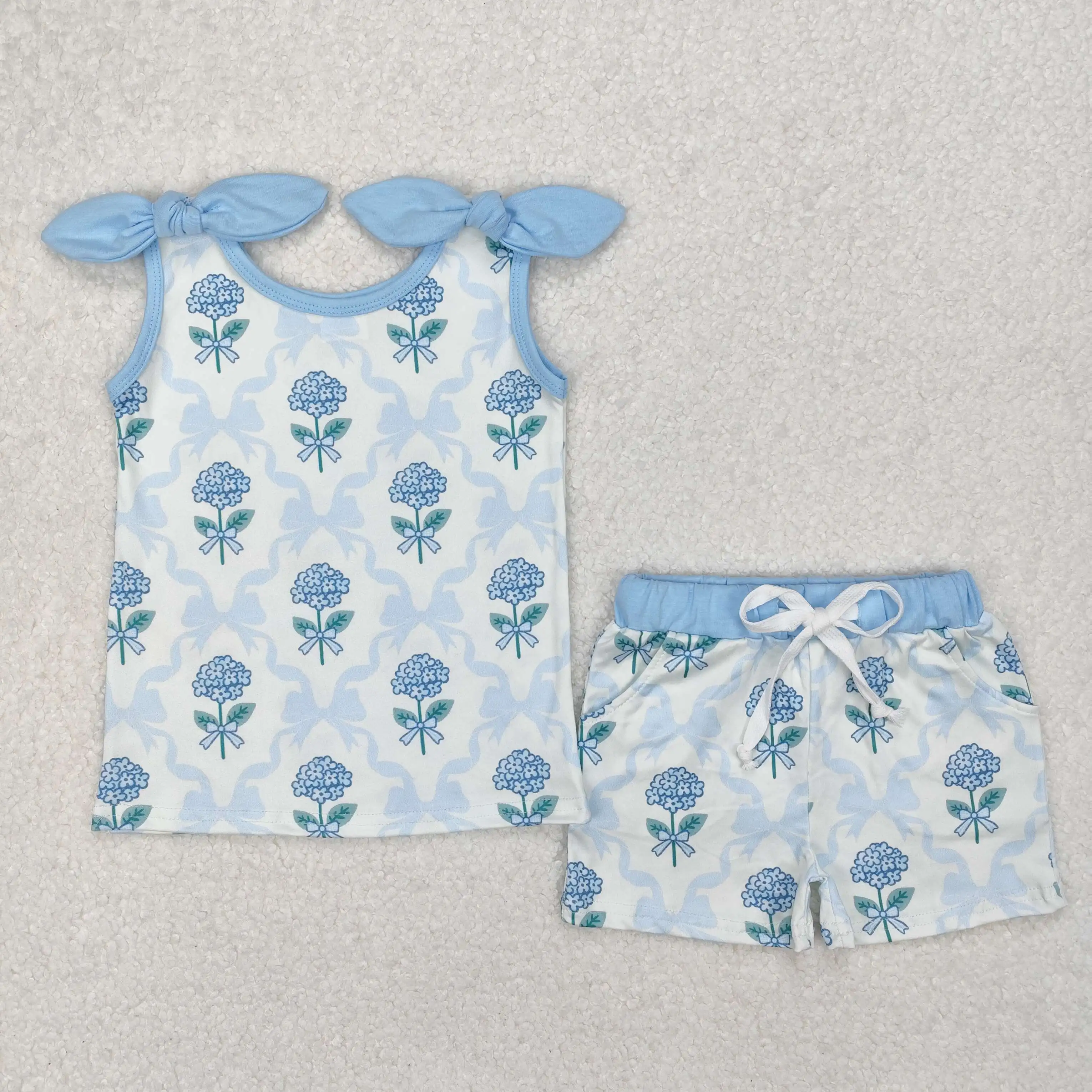 

New Kid girls clothes Boutique Summer Baby Girls Blue Flowers Bows Shorts Set 2 Pieces Outfits Toddler kids girls clothes outfit