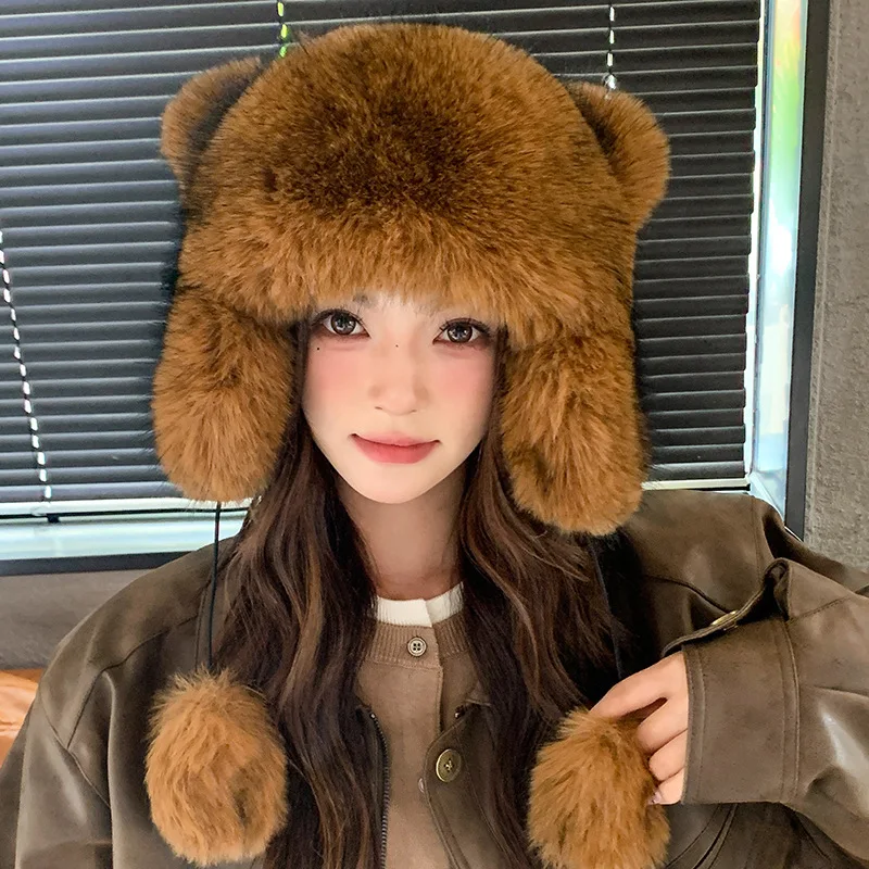 

High Quality Imitation Rose Hair Winter Velvet Lei Feng Hat for Men and Women Bear Ears Ear Protection Warm Riding Russian Cap