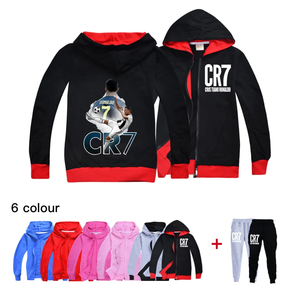 Hot Football Star Sweatshirts Boys Girls Hoodies Children's Clothing Coat CR7 Kids Clothes Ronaldo Zipper jacket+pants 2pcs set