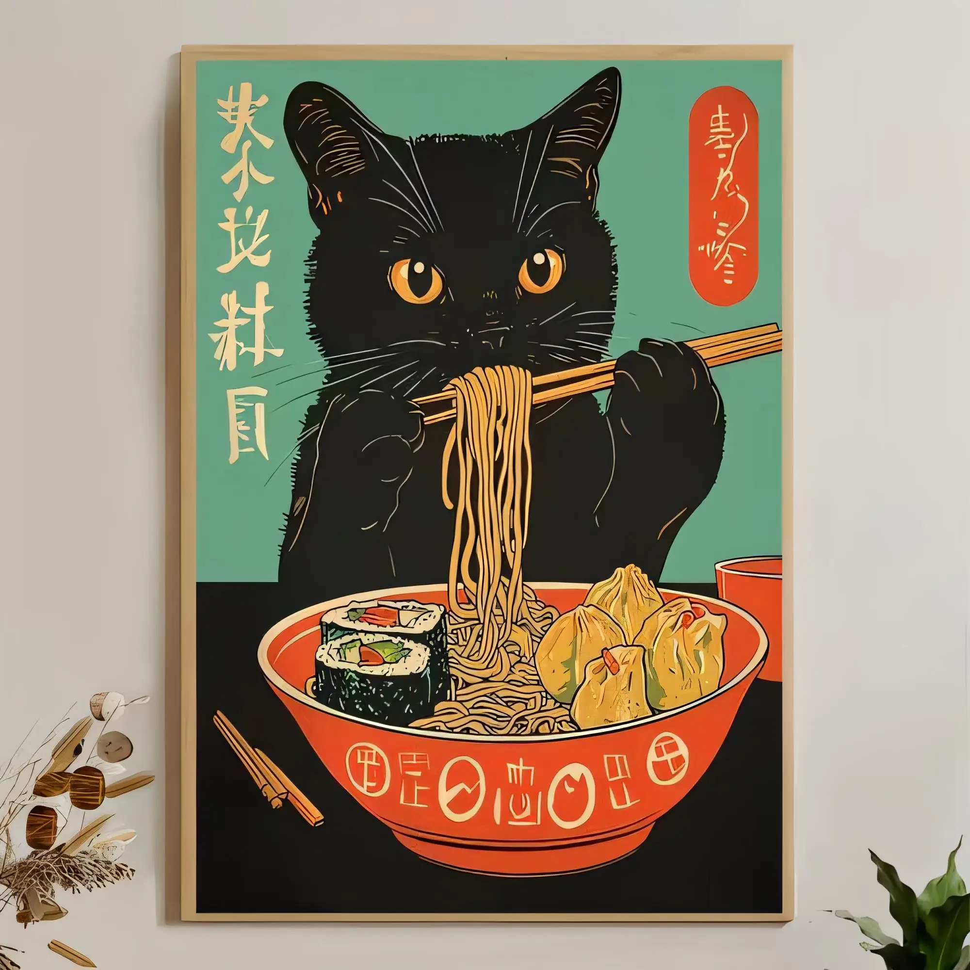 Tin Sign Japanese Ramen Cat Artwork Retro Vintage Metal Poster Wall Decor for Kitchen Dining Room, Funny Chow Cat Noodles Illust
