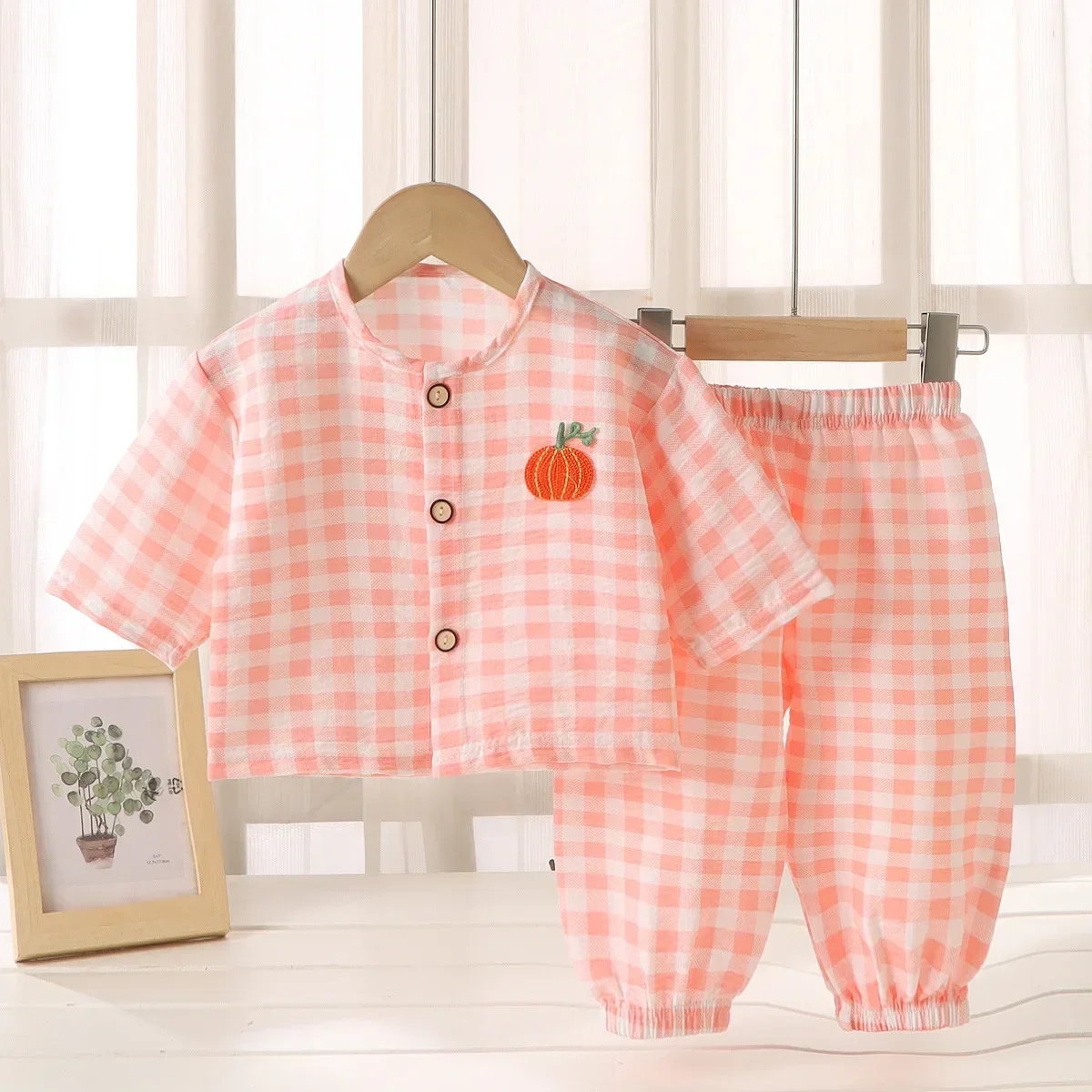 

Новинка 2025, детские летние тонкие пижамы, домашняя одежда, милые клетчатые пижамы с длинными рукавами для мальчиков и девочек, повседневные комплекты одежды для сна