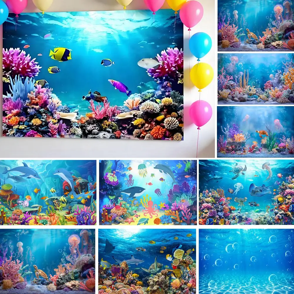 Underwater World Scenery Backdrop Dolphin Coral Undersea Fish Birthday Party Kids Portrait Room Wall Decor Photo Background