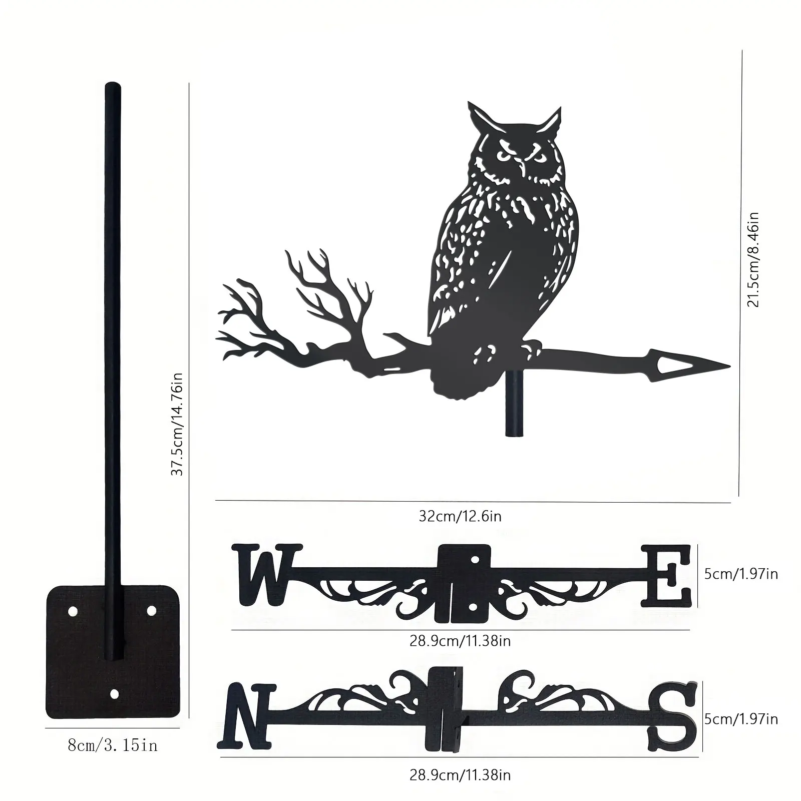 2D Owl Statue Metal Wind Vane, Roof Wind Indicator and Garden Decoration Tool view 3