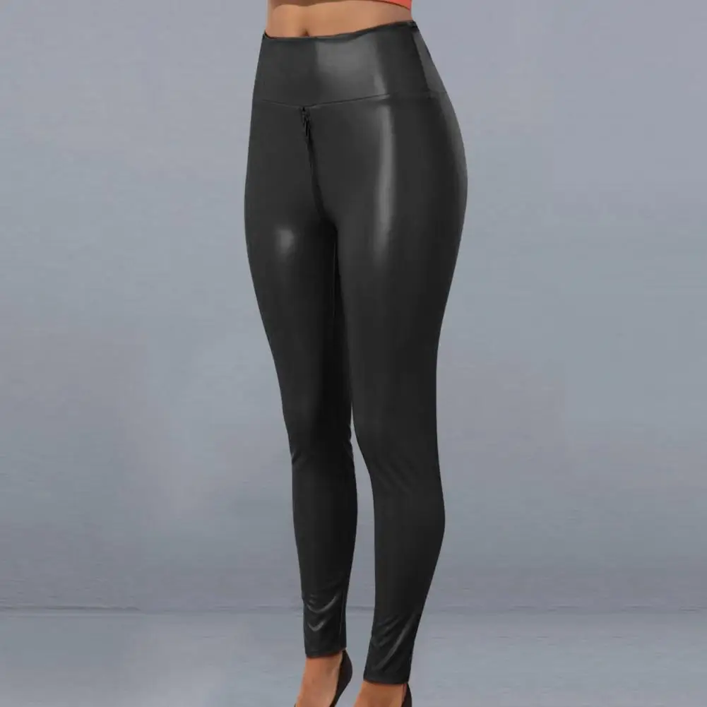 Calça apertada de couro falso feminina, calça virilha aberta com zíper, levantador de bumbum, bodycon exótico, controle de barriga, boate