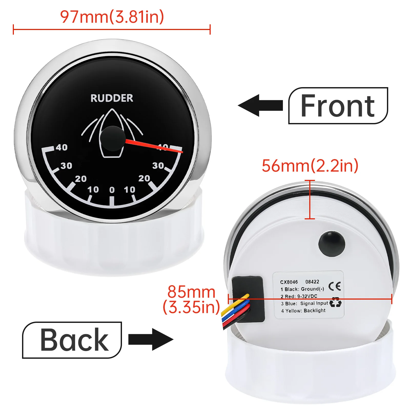 85mm 0-190ohm Rudder Angle Gauge For Boat Marine Rudder Angle Indicator Sensor With Red LED Backlight For 12V 24V Boat Yacht