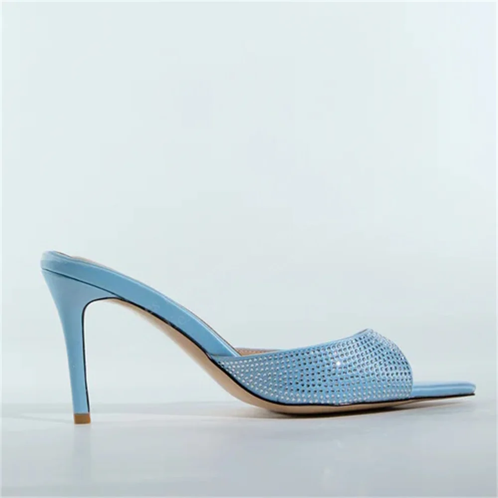 

Light Blue Crystal High Heel Slippers Women Sexy Pointed Toe Stiletto Heel Slip On Rhinestone Trendy Plus Size Banquet Mules