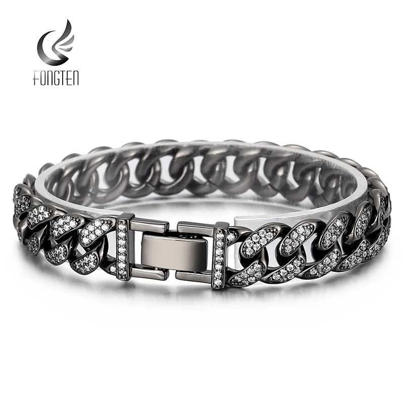 

Fongten 20cm Men Cuabn Chain Bracelets Stainless Steel Rhinestone Curb Bangle Bracelets For Men Multiple Color Jewelry