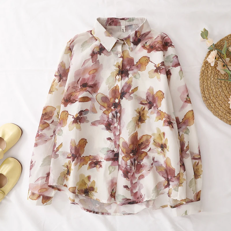 

Новая розовая рубашка с цветочным принтом Весна-Лето 2026, тонкая, с длинным рукавом, повседневная, свободная, женская, в стиле бохо, для пляжного отдыха