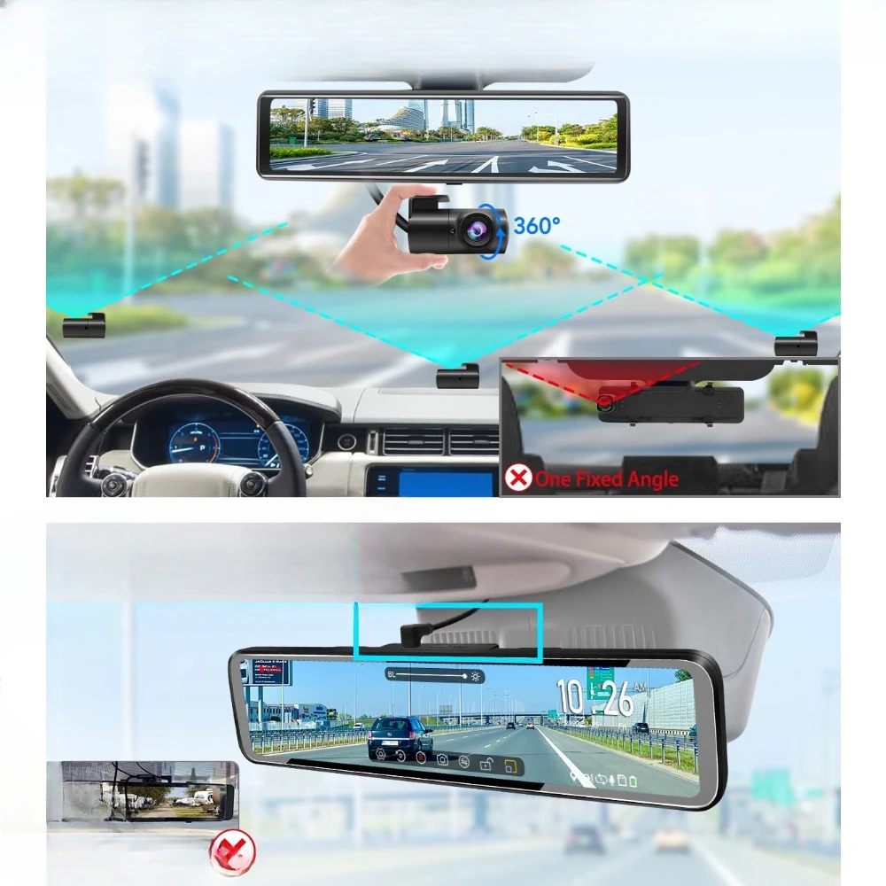 Split Screen HD 1296P,Car Backup Rear View Mirror Camera Dual Lens with Sensor,Super Night Vision,Parking Assistance