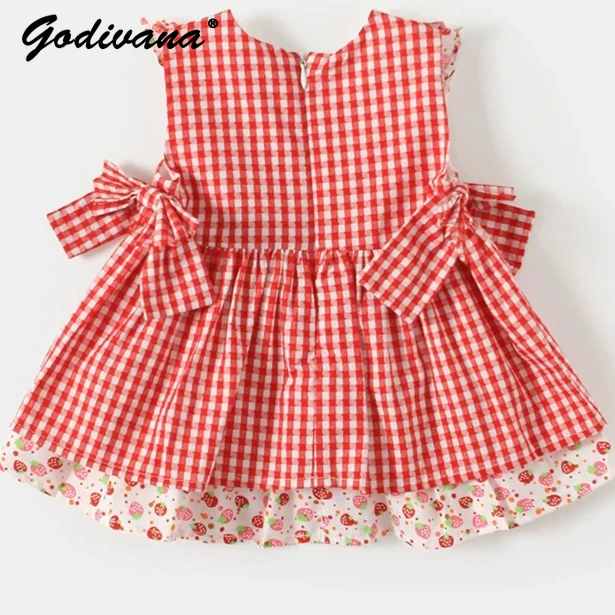 Baby Girls Strawberry Embroidery Red Plaid Print Dress Childrens Sleeveless Sweet Bow Ruffle Trim Princess Birthday Party Dress