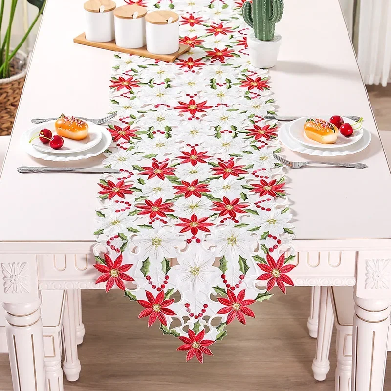 Elegant Satin Embroidery Christmas Bed Table Runner Lace Tablecloth For Wedding Party Decoration Vintage Floral Home Decor