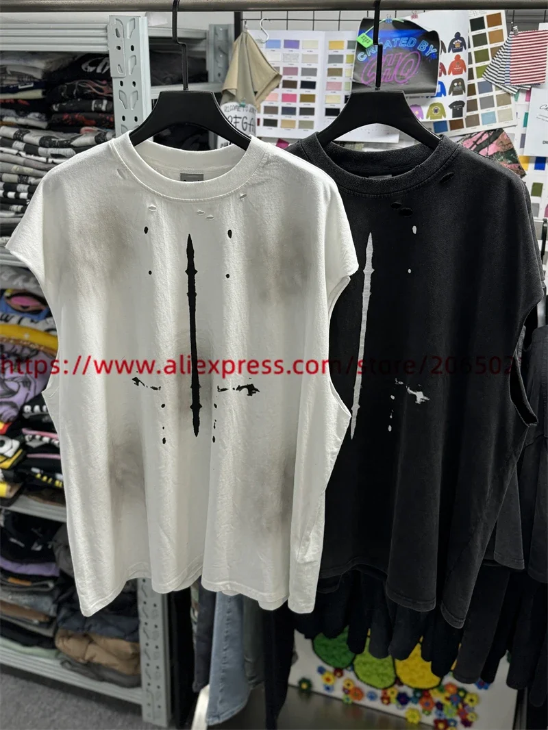 Washed Hand Worn Washed Vest Saint Tie-dyed T-Shirts Men Women Top Quality Black White Vintage T Shirt Tee