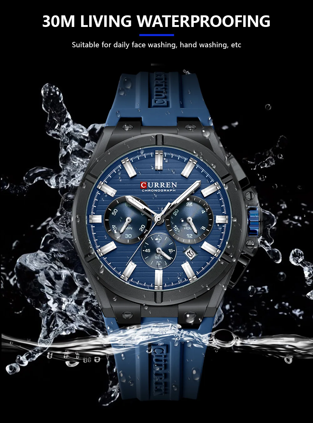 CURREN Herren-Luxus-Chronographenuhr mit 44-mm-Gehäuse, modische Quarz-Armbanduhr, lässiges Sport-Silikonarmband mit automatischem Datum. – Detail 7