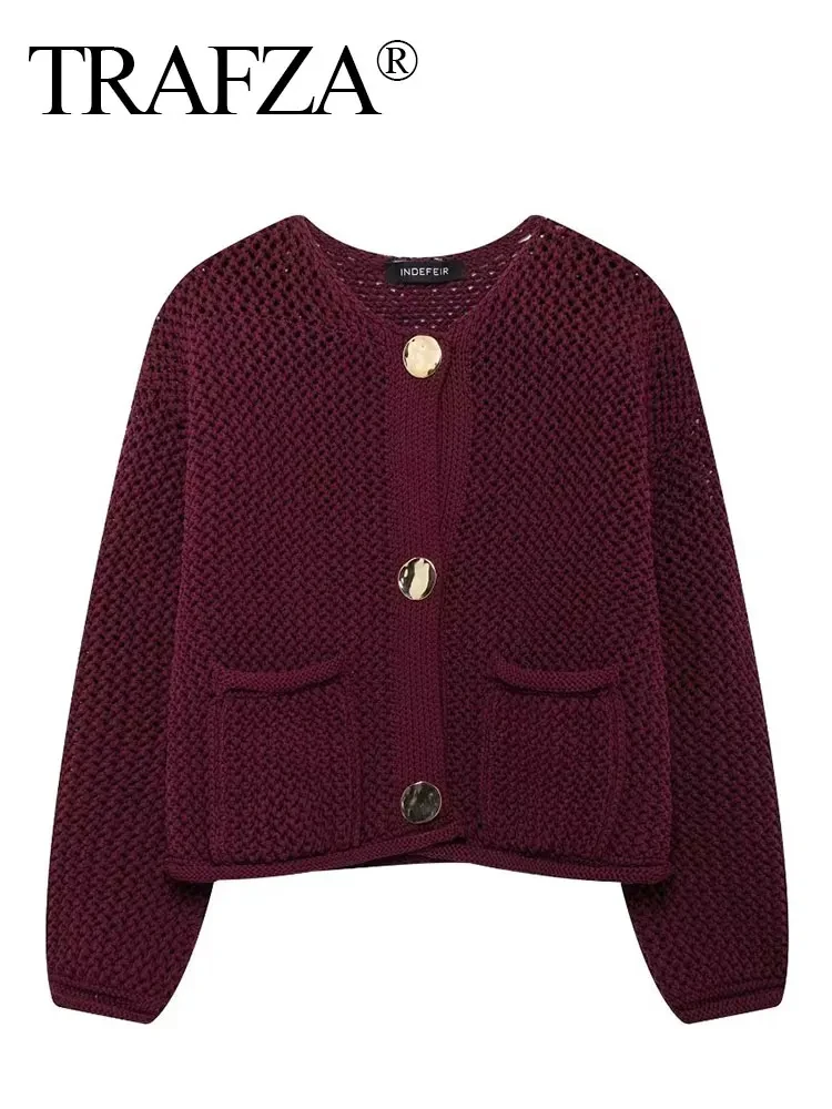 TRAFZA Autumn Women Elegant Burgundy Red Cardigan Fashion O Neck Long Sleeve Sweaters Office Lady Casual Crop Knitted Outerwear