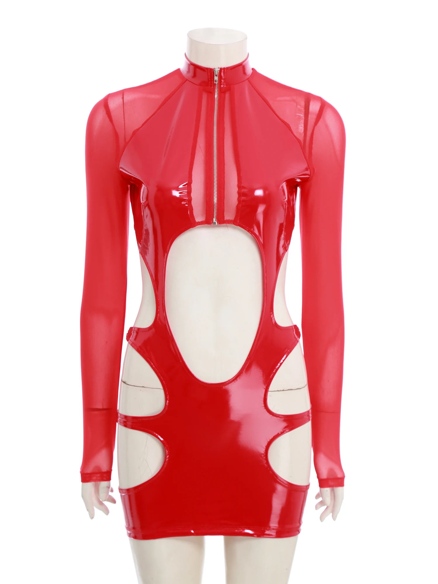 Women Sexy Hollow Out PU Leather Mesh Dress Mock Neck Long Sleeves Cut Out Zipper Mini Dress Role Play Fun Nightclub Party Wear
