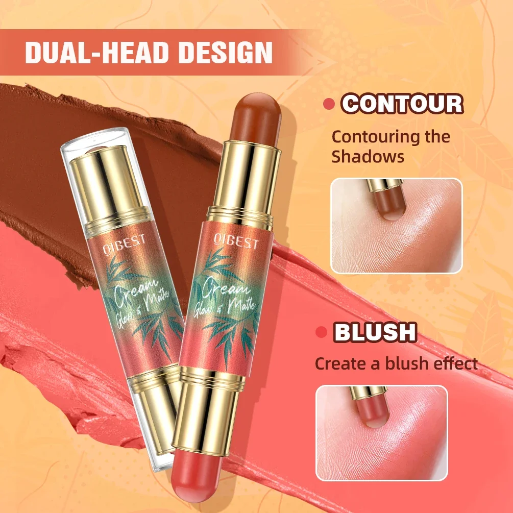 Qibest dupla cabeça bronzer blush 2 em 1 multiuso vara bochecha olhos lábios rosto blush duradouro brilho fosco maquiagem contorno vara