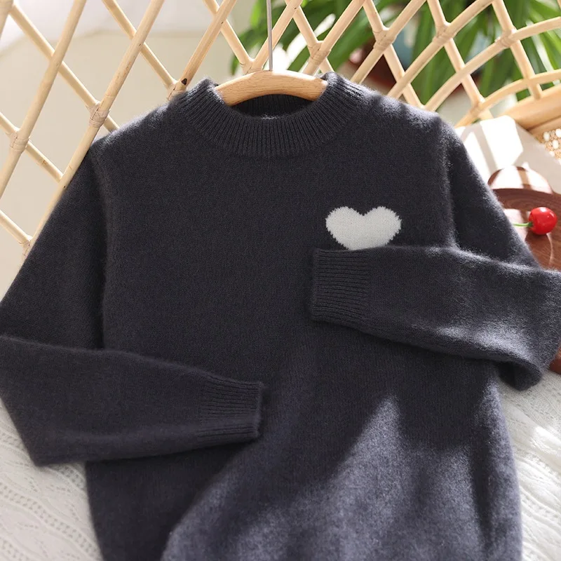 Children thickened 100% wool knitted sweater Boys girl round neck pullover keep warm Leisure cartoon heart pattern child sweater