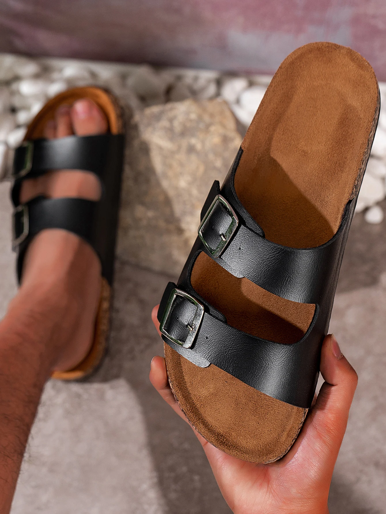Men's Youth Mules New Spring and Autumn Retro Casual Slip-On Shoes Pu Upper Double-Strap Half-Slip Flat Slippers with Adjustable Buckle Indoor Home Slippers