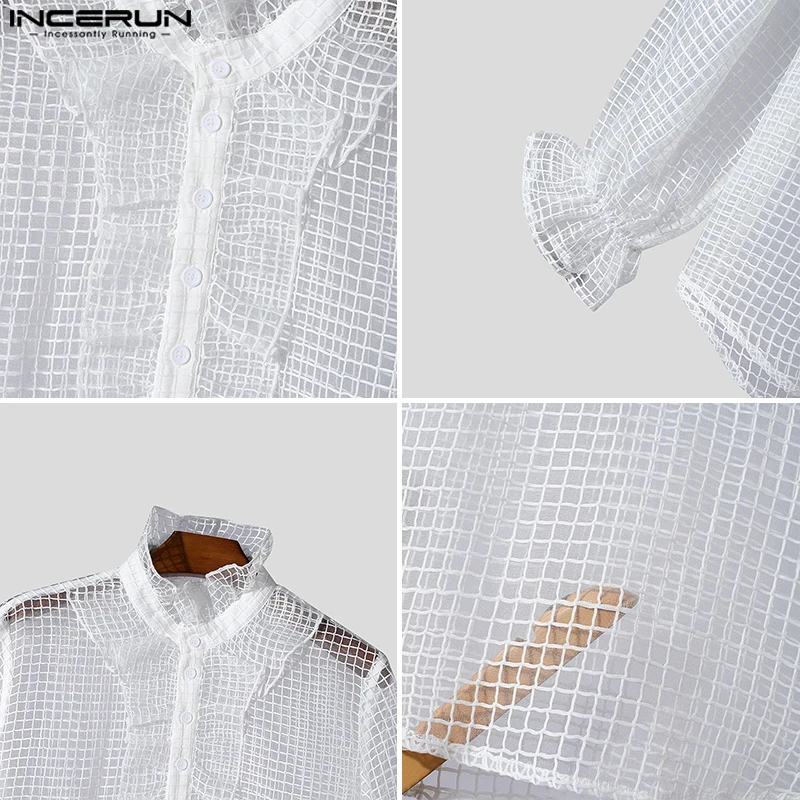 INCERUN Tops 2024 American Style New Men's Sexy See-through Mesh Ruffled Edge Shirt Male Clubwear Thin Long Sleeved Blouse S-5XL