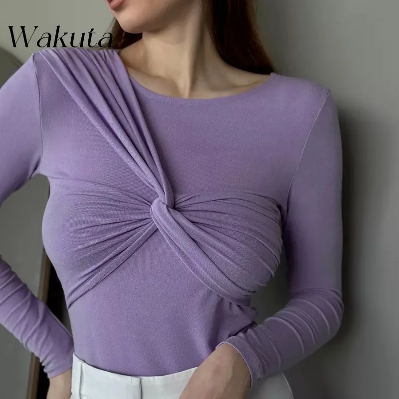 WAKUTA Russian Stand-up Collar Slim High Elastic Modal Cross Knot T-shirt Jumper Long-sleeved Tight Bottoming Pullovers 여성 반팔 니트