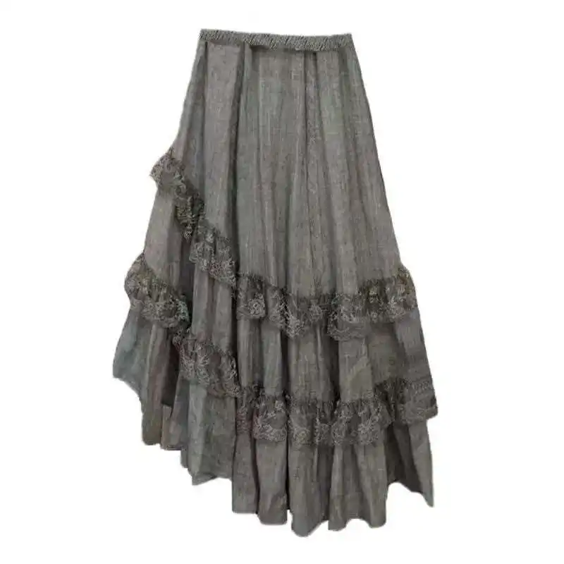 Vintage Gray Skirt Women - Lace Trim Tiered Midi Skirt with Asymmetrical Hem, Y2K A-Line Ruffle Maxi Skirt, Winter Fashion Layer