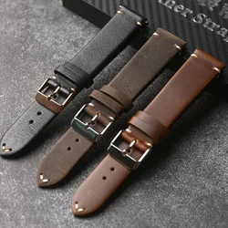 Handmade Genuine Leather Strap, 18 19 20 21 22MM Brown Black Brushed Soft Head Cowhide Strap, Ultra Thin Men's Vintage Bracelet