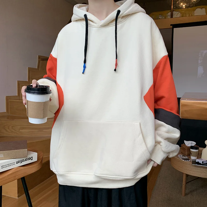 FAVRE Men Trend Contrast Sweatshirts Casual Colorblock Hoodies Y2K Autumn Winter Korean Harajuku High Street Ins Loose Pullovers