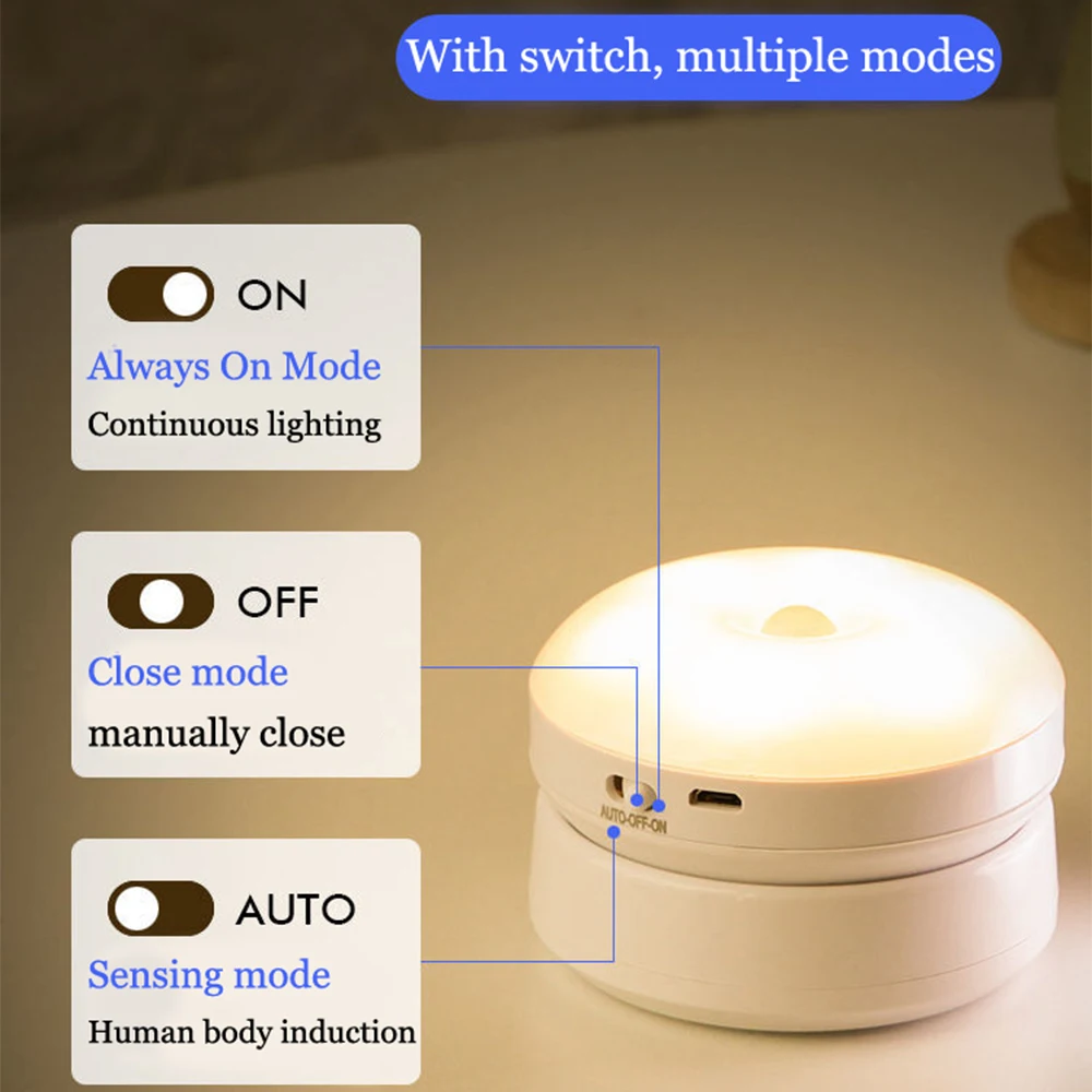 Luz LED nocturna con carga USB, inducción humana inteligente para mesita de noche, armario de casa, iluminación con Sensor de movimiento, lámpara Led