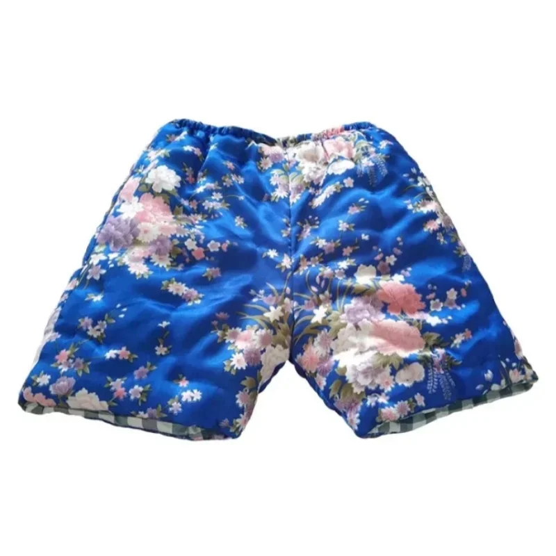 Man Sexy Glossy Floral Print Soft Silky Touch Shorts Mid Waist Filled Cotton Pants Puffy Warm Couple Costumes Private Party BF