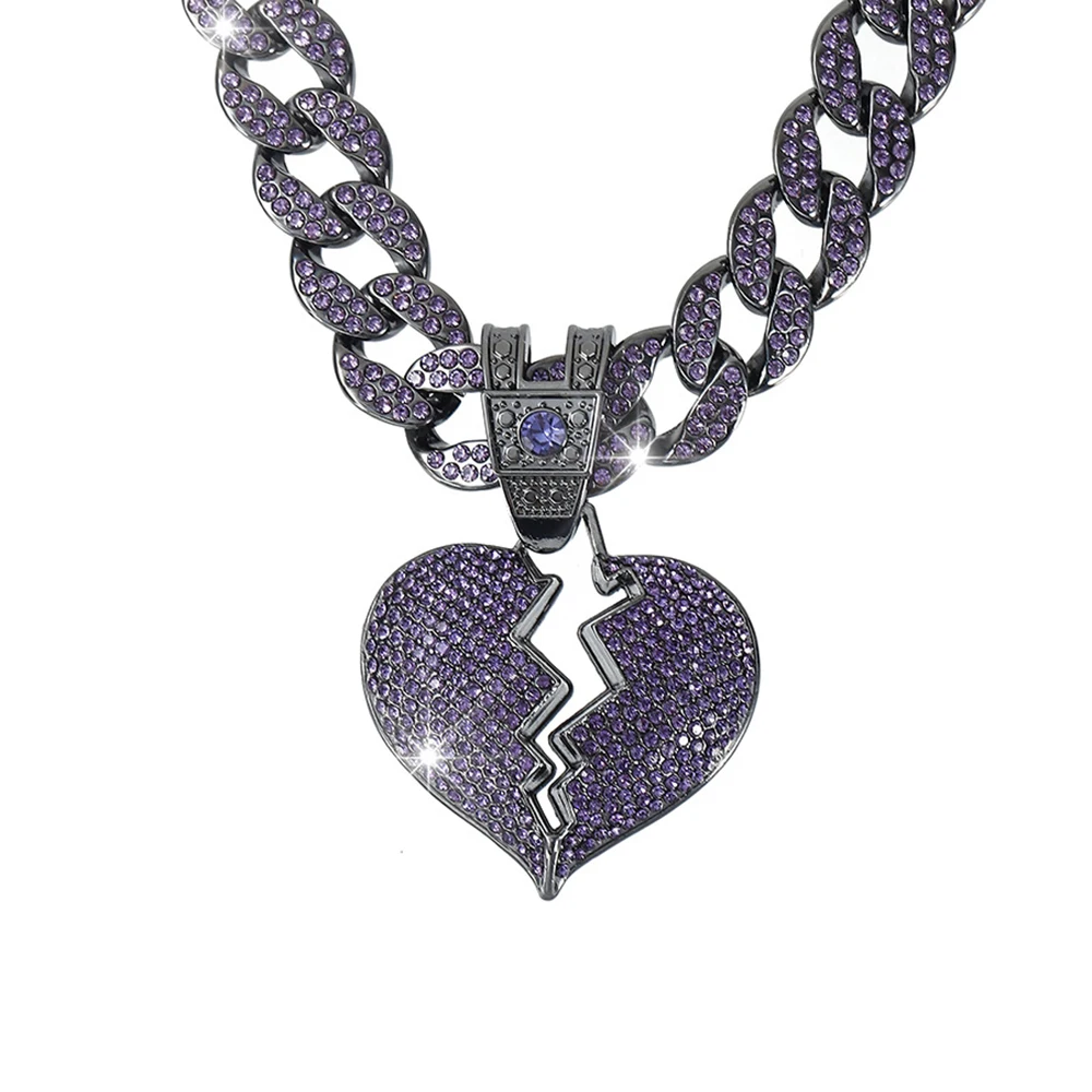 2023 Popular Men Women Hip Hop Big Purple Love Pendant Necklace 16MM Cuban Chain Iced Out Bling Necklaces Fashion Jewelry Gift images - 6