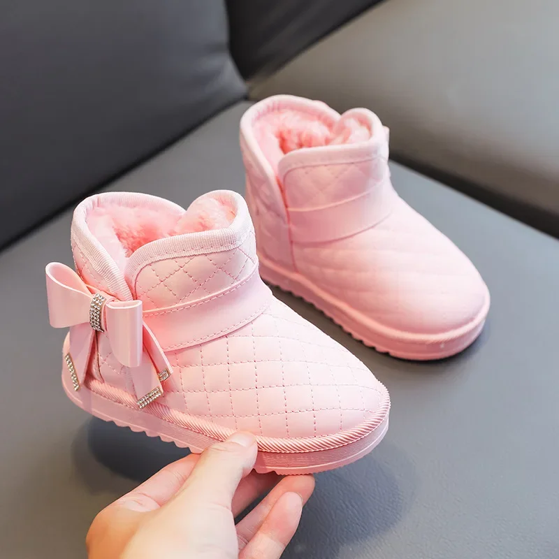 Winter Kids Snow Boots Cute Bow Girls Princess Shoes Cotton Plush Warm Non-slip Children Student Ankle Boots