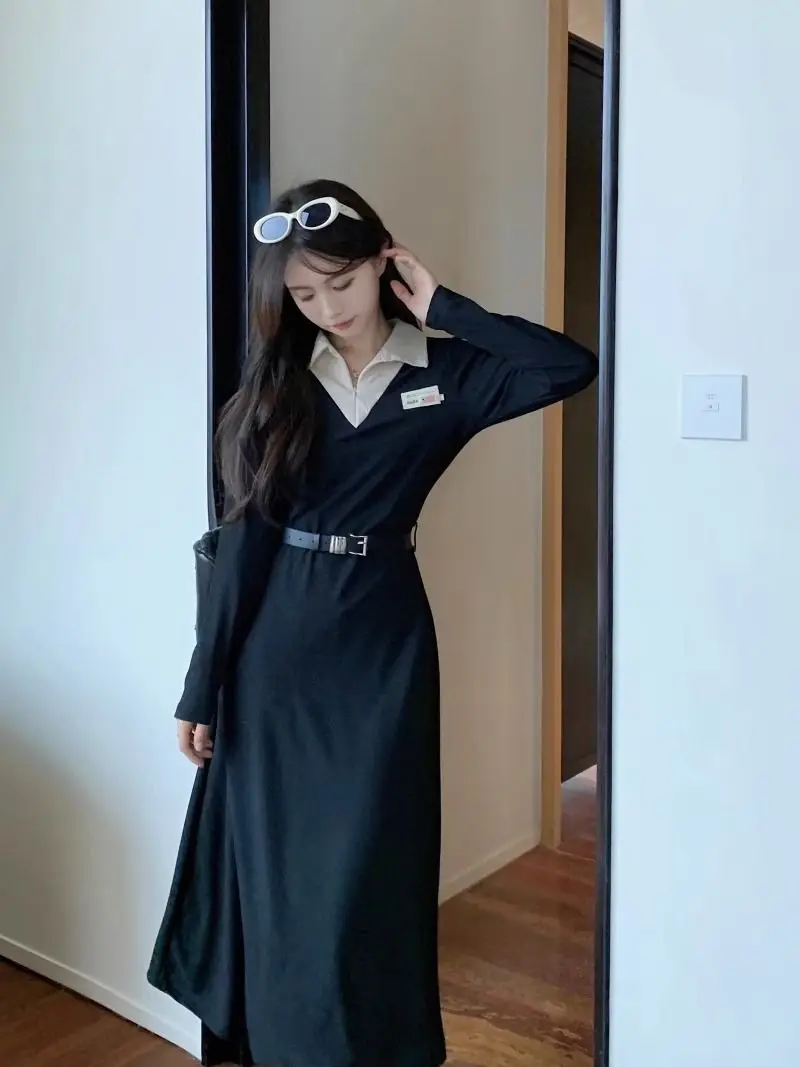 Large Size POLO Collar Zipper Black Base Long Skirt Fat Mm Korean Drama Female Lead Waist Cinching Slimming Long Sleeved Dress