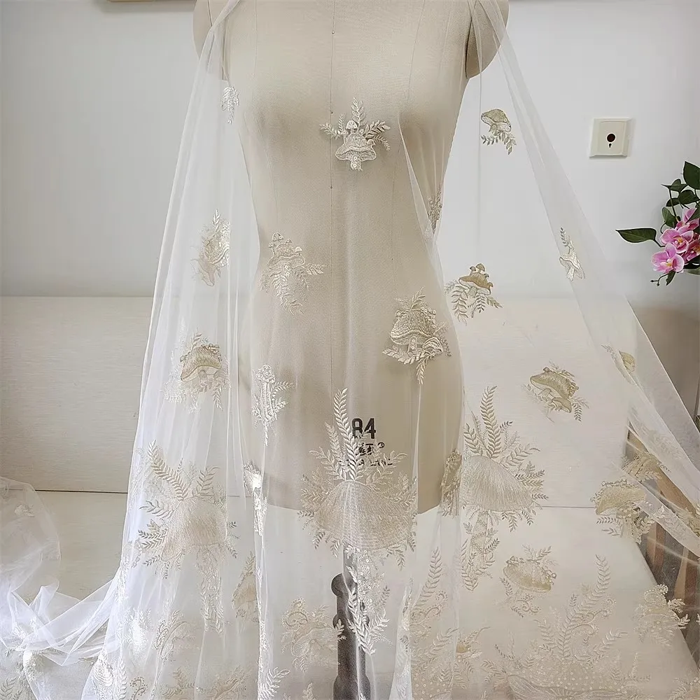 

1yard High quality mesh fabrics Mushroom glitter Embroidery tissu Wedding Dress Cheongsam fabric for material