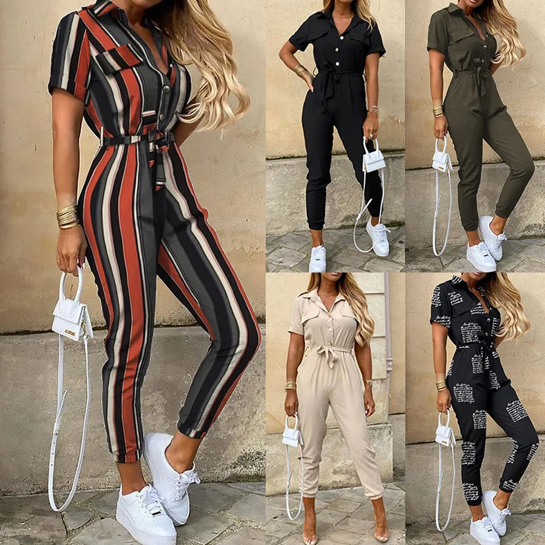 Women's Casual Print Belted Jumpsuit Loose Fit One Piece