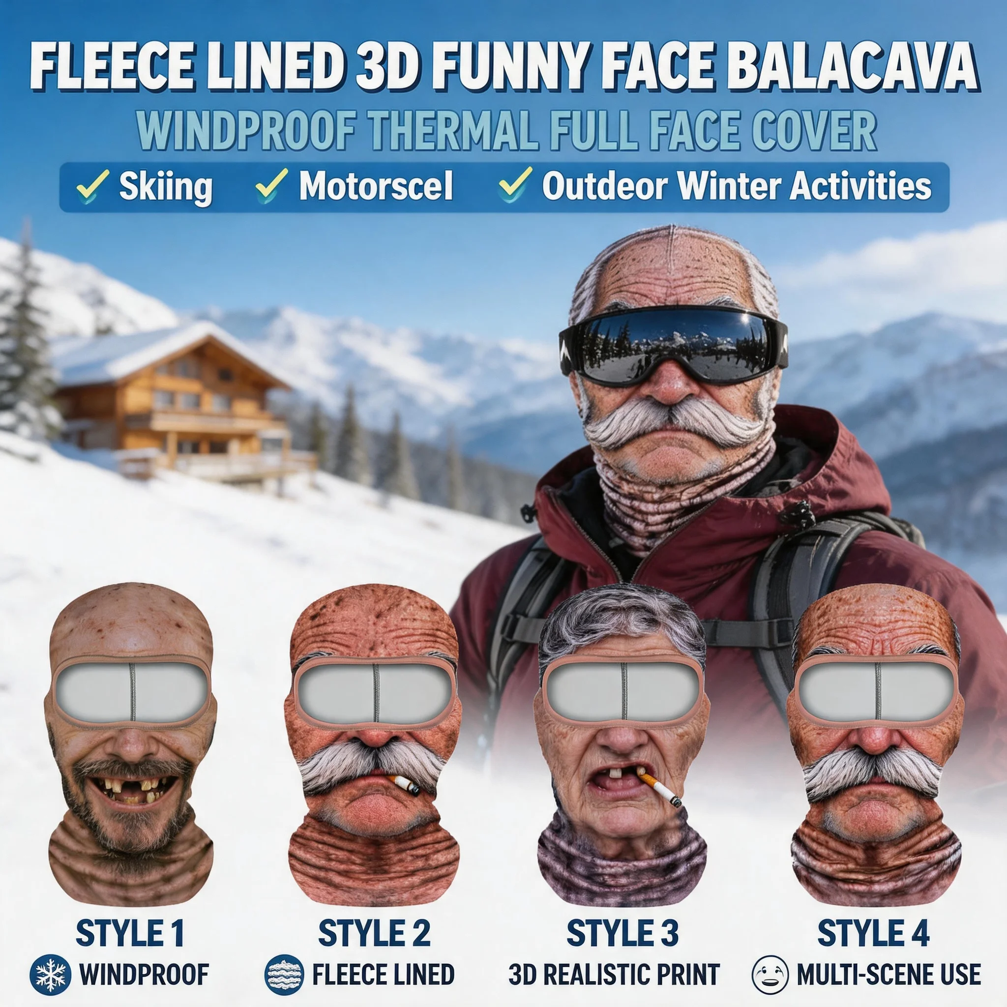 Novelty Cosplay Fleece Lined 3D Funny Face Balaclava Windproof Warm Full Face Hood for Motorcycle Skiing Outdoor Party Mask