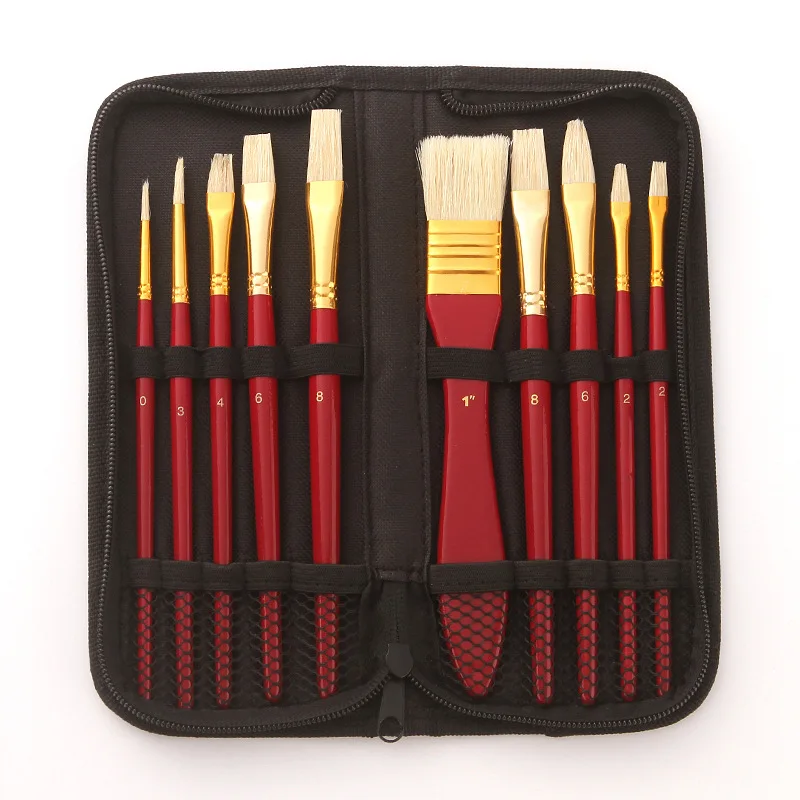 

10 Pieces Paint Brush Set, Intermediate Series, Includes a Carrying Case Premium Hog Bristle Brush for Acrylic, Watercolor, Oil