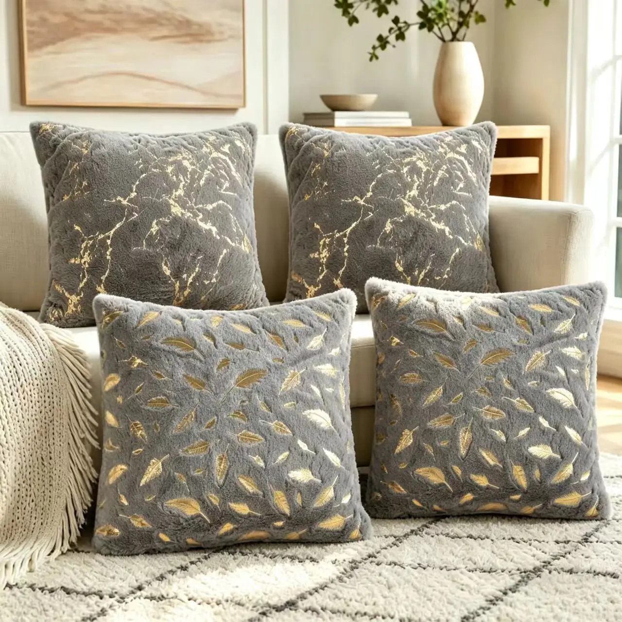 4Pcs Plush Throw Pillow Covers 2 Marble Gold Foil and 2 Gold Feather Faux Fur Cushion Covers,16.8×16.8 Inch Decorative Pillowcas