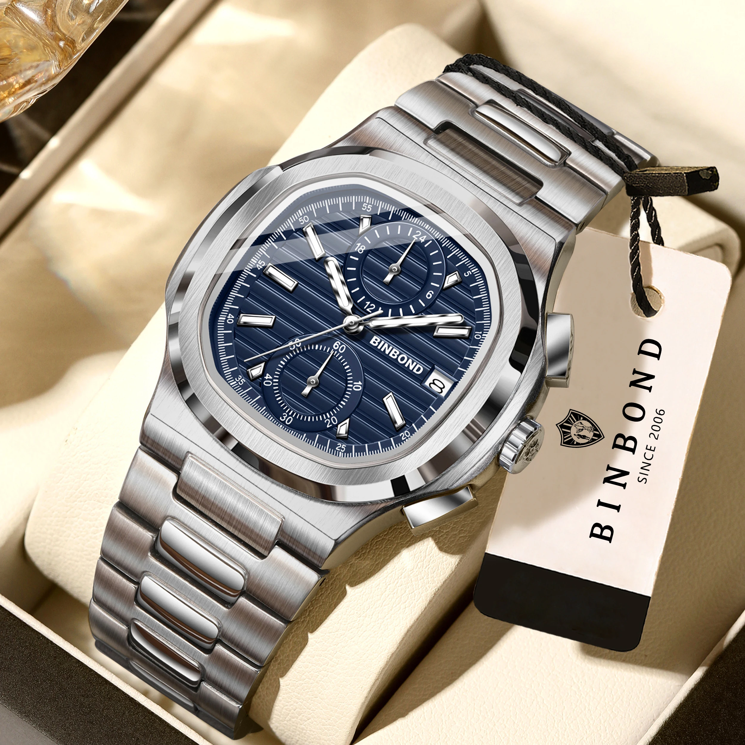 BINBOND Automatische Quarzuhr mit Datumsanzeige für Herren, luxuriöse, leuchtende, wasserdichte Chronographenuhr, robuste Herrenuhr, lässige Sportuhr, Reloj
