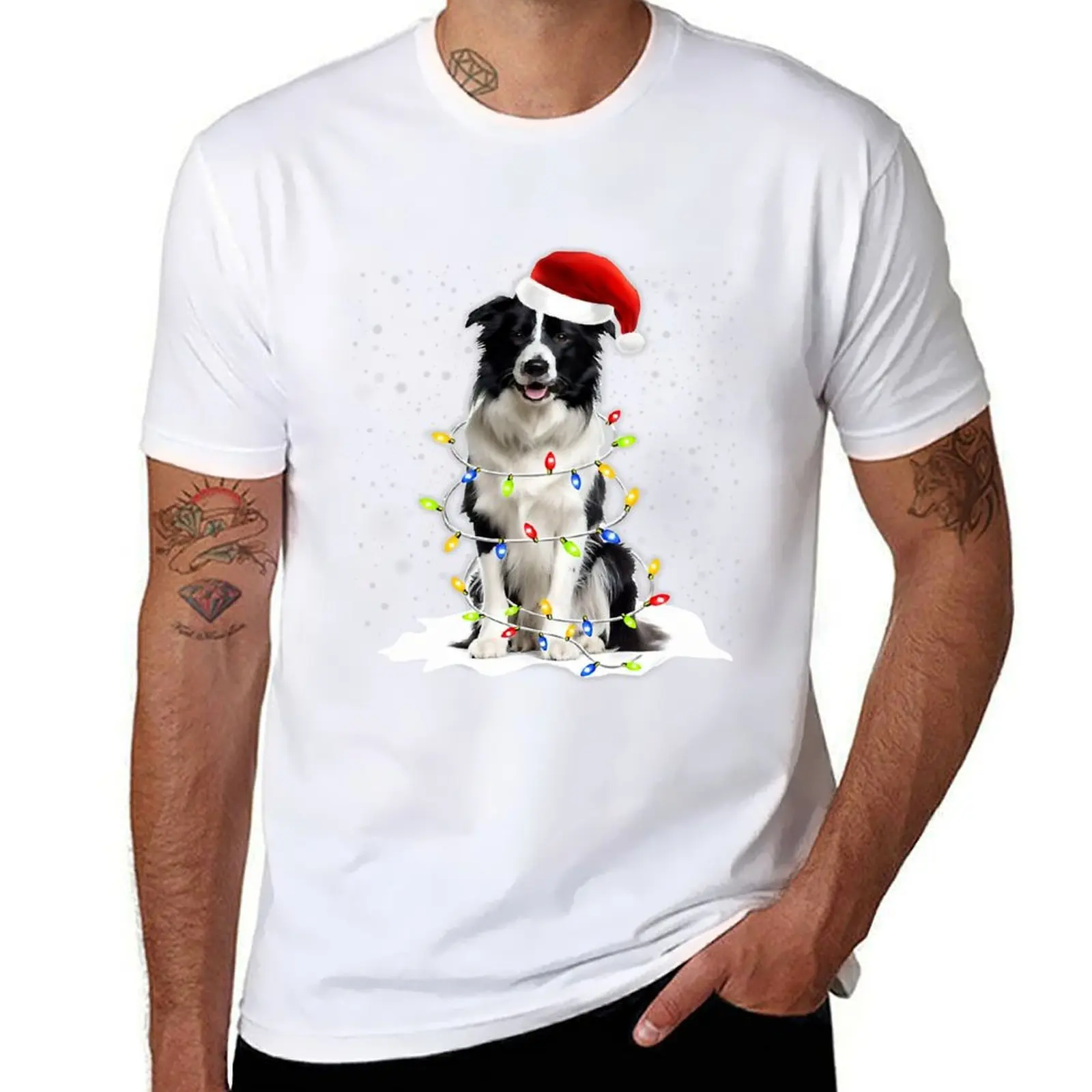 Border Collie Santa Hat Christmas Lights Xmas Funny457 T-Shirt mens graphic t shirts t shirts with prints T-Shirt