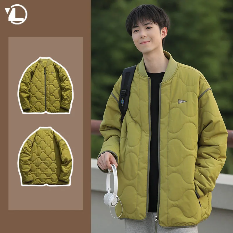 Jaket pria ringan, parka musim dingin kasual berlian kotak-kotak multi-warna jaket katun Quilting kuliah bisbol kerah mantel uniseks