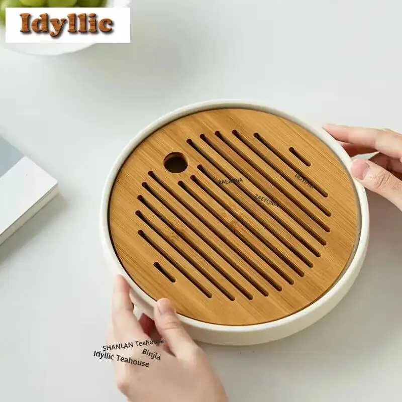 Sun Moon Bamboo Cover Round Pot Bearing Holder Retro Water Storage Dry Brew Table Tea Tray Kuing Fu Ceremony Craft Accessories