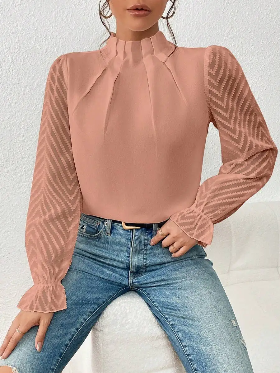 Nova primavera elegante moda camisas femininas senhora do escritório solto casual cor sólida oco para fora retalhos blusas de manga longa dobras topos