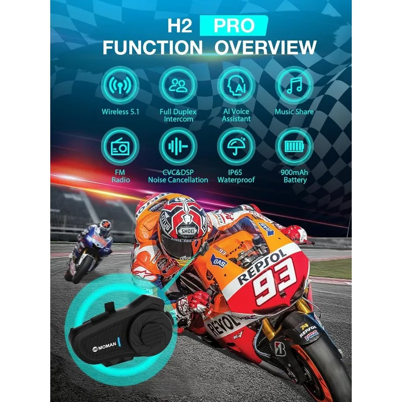 Motorcycle Intercom, H2 Pro【2 Pack Carbon】 Helmet Headset Wireless Communication System to 1000M with DSP&CVC