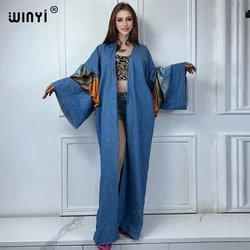 WINYI Kimono print wash denim Cardigan maxi Dress elegancka impreza wakacje pływanie okrycie plażowe modna sukienka abaya