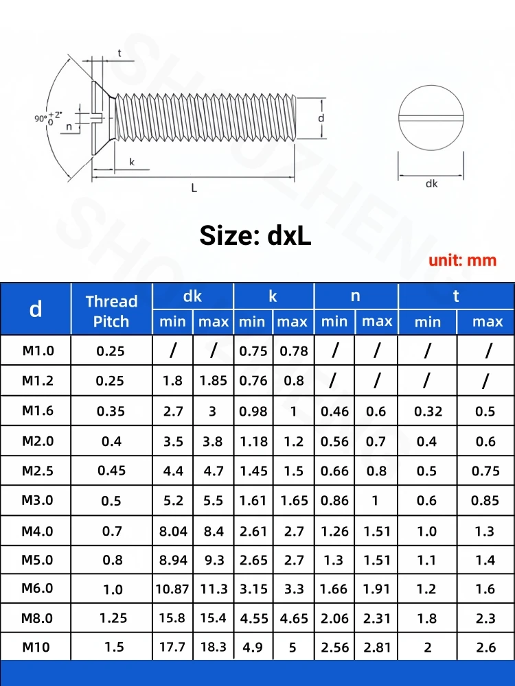 100/50/10pcs DIN963 Metric 304 Stainless Steel Countersunk Slotted Screw M1.2 M1.6 M2 M3 M4 M5 M6 M8 M10 Flat Head Slotted Bolt