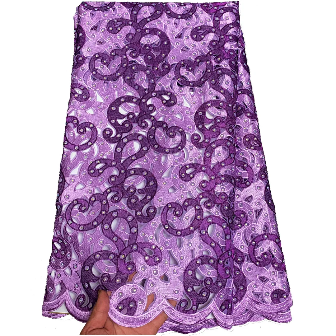(5yards/pc) High quality lilac purple African hand cut lace gold or silver embroidered Swiss lace fabric with stones 2025 CLP500
